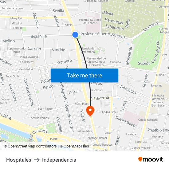 Hospitales to Independencia map