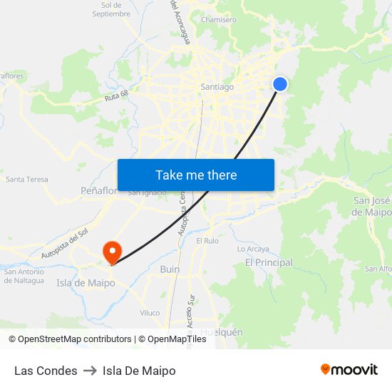 Las Condes to Isla De Maipo map