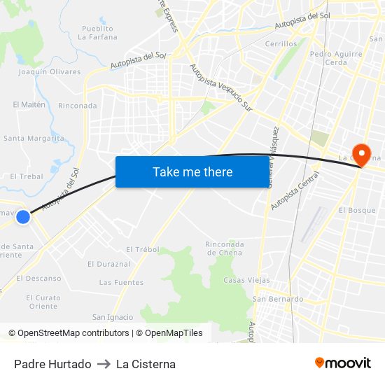 Padre Hurtado to La Cisterna map