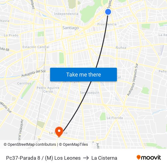 Pc37-Parada 8 / (M) Los Leones to La Cisterna map