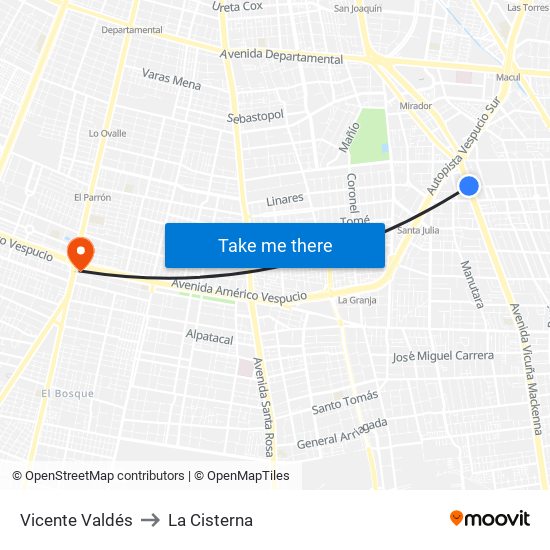 Vicente Valdés to La Cisterna map