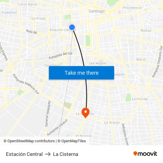 Estación Central to La Cisterna map