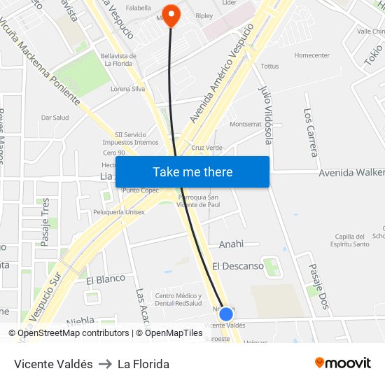 Vicente Valdés to La Florida map