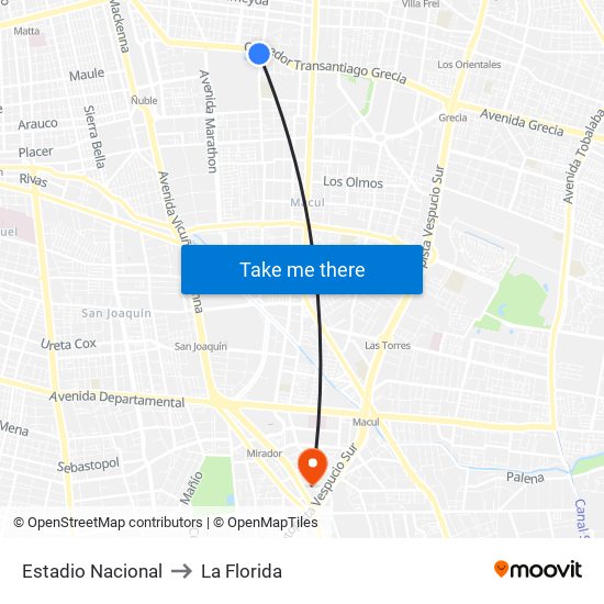 Estadio Nacional to La Florida map