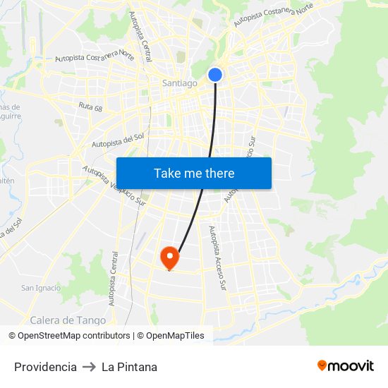 Providencia to La Pintana map