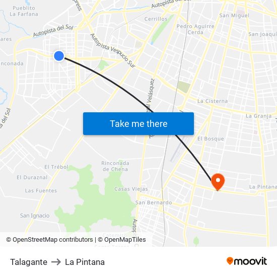 Talagante to La Pintana map