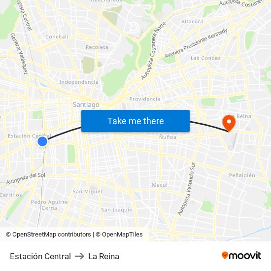 Estación Central to La Reina map