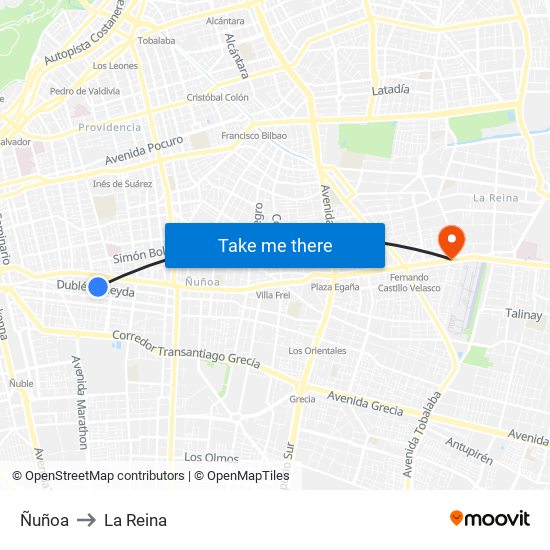 Ñuñoa to La Reina map