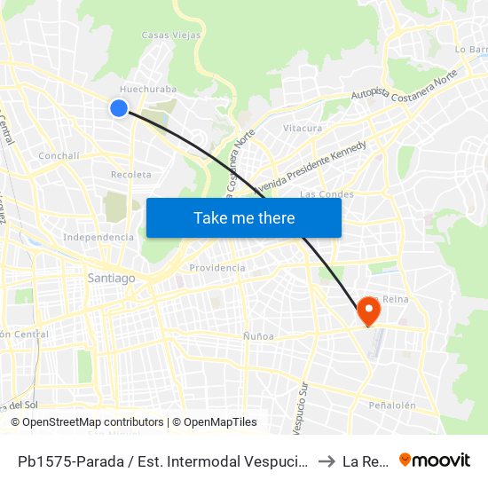 Pb1575-Parada / Est. Intermodal Vespucio Norte to La Reina map