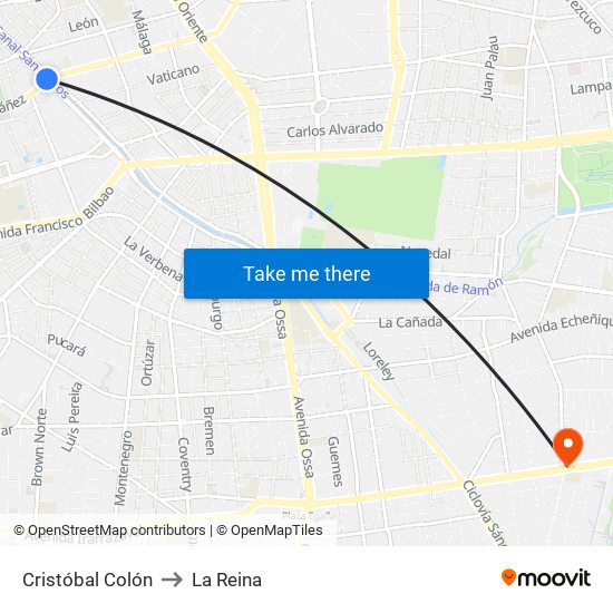 Cristóbal Colón to La Reina map