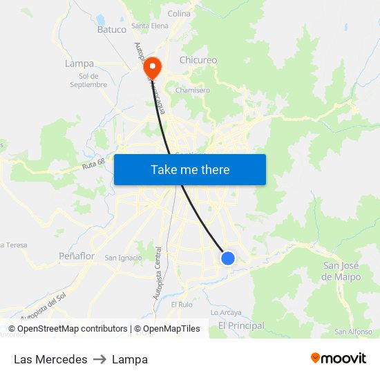 Las Mercedes to Lampa map