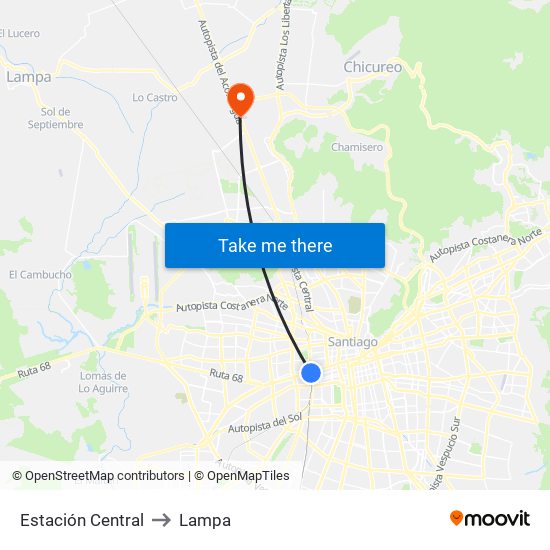 Estación Central to Lampa map