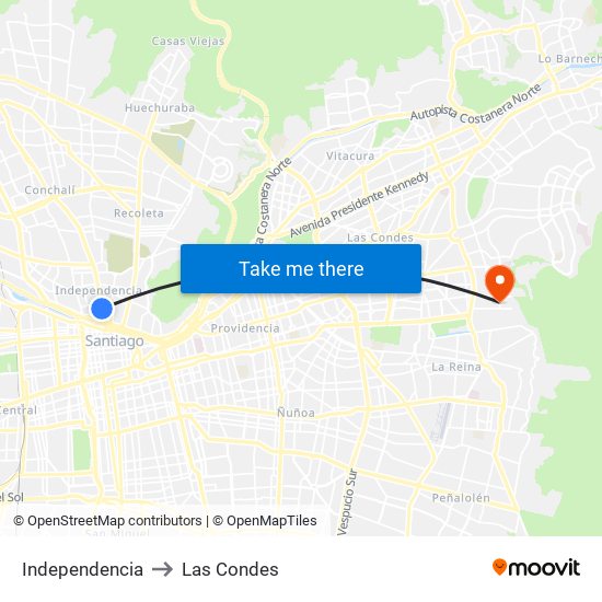 Independencia to Las Condes map