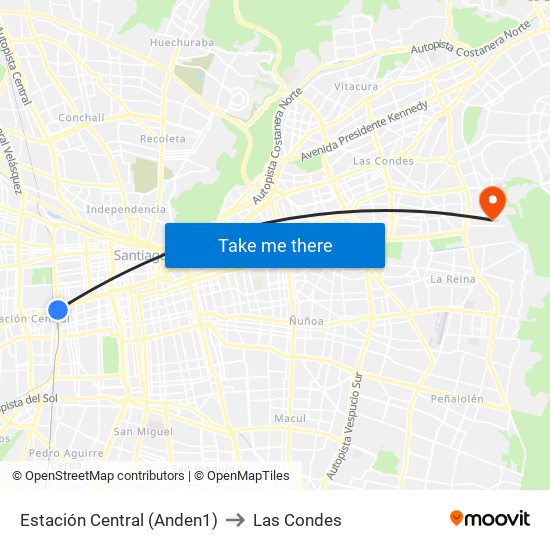 Estación Central (Anden1) to Las Condes map