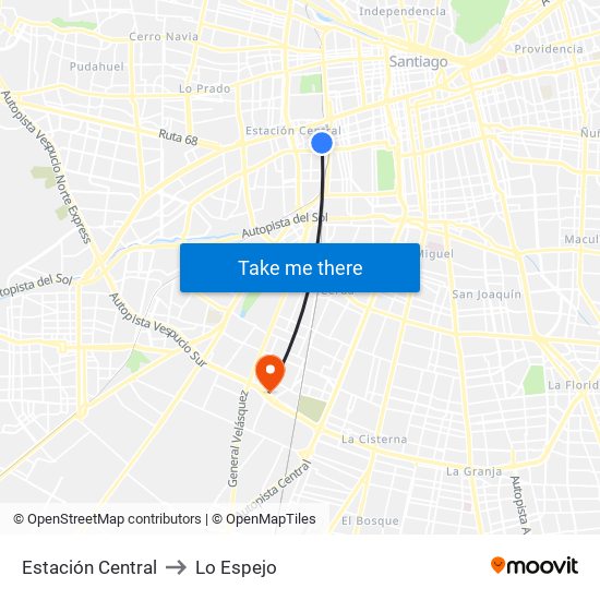 Estación Central to Lo Espejo map