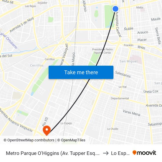 Metro Parque O'Higgins (Av. Tupper Esq. Av. Viel) to Lo Espejo map