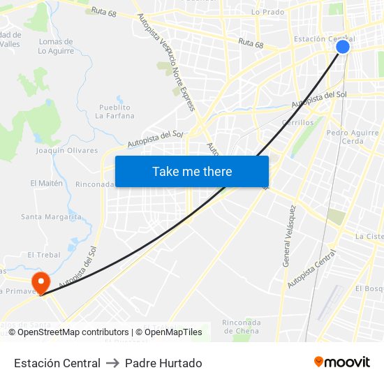 Estación Central to Padre Hurtado map