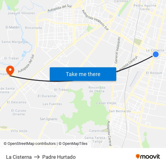 La Cisterna to Padre Hurtado map