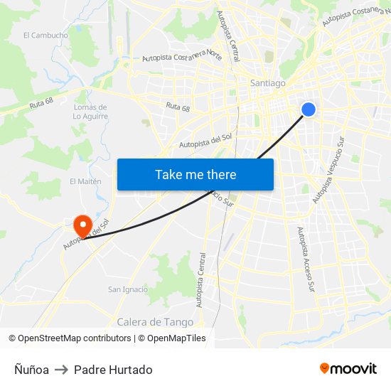 Ñuñoa to Padre Hurtado map
