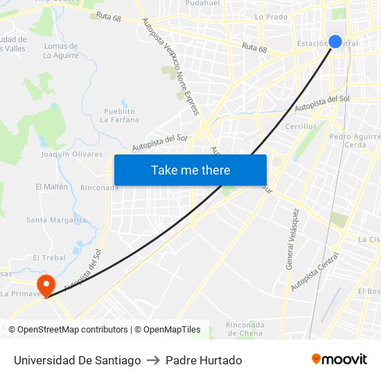 Universidad De Santiago to Padre Hurtado map