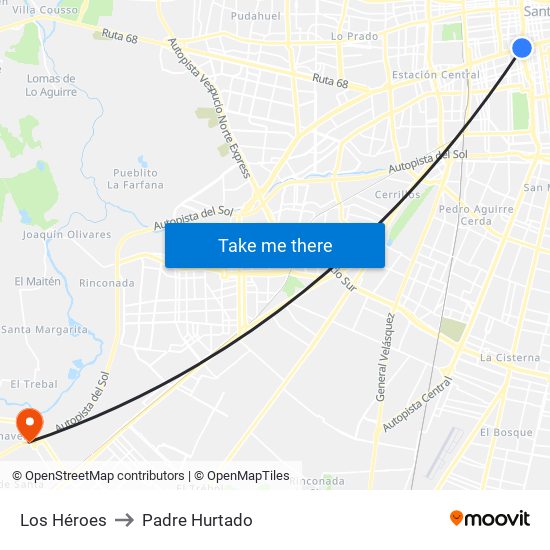 Los Héroes to Padre Hurtado map