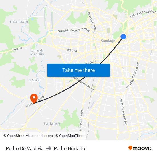 Pedro De Valdivia to Padre Hurtado map