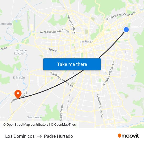 Los Dominicos to Padre Hurtado map