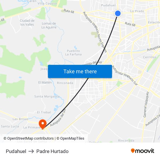 Pudahuel to Padre Hurtado map