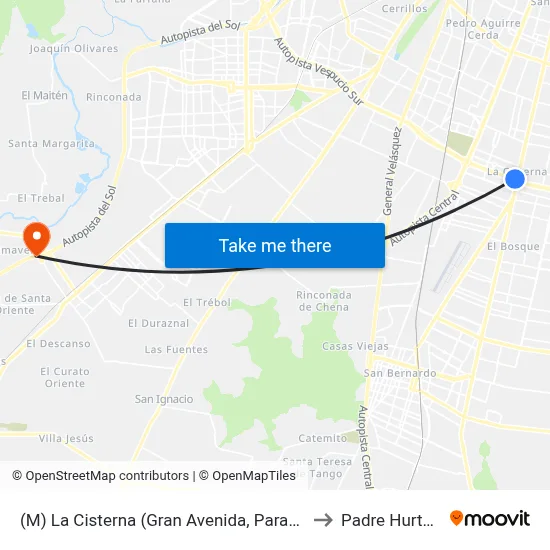 (M) La Cisterna (Gran Avenida, Parad. 25) to Padre Hurtado map