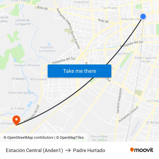 Estación Central (Anden1) to Padre Hurtado map