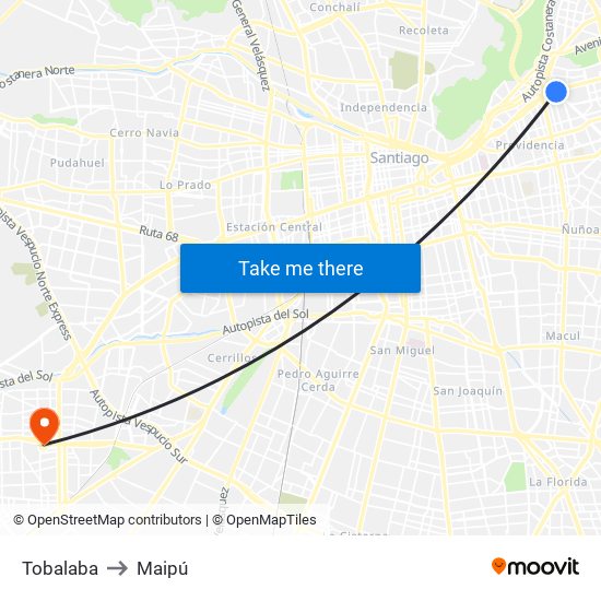 Tobalaba to Maipú map