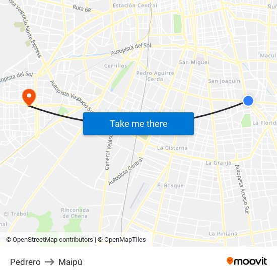 Pedrero to Maipú map