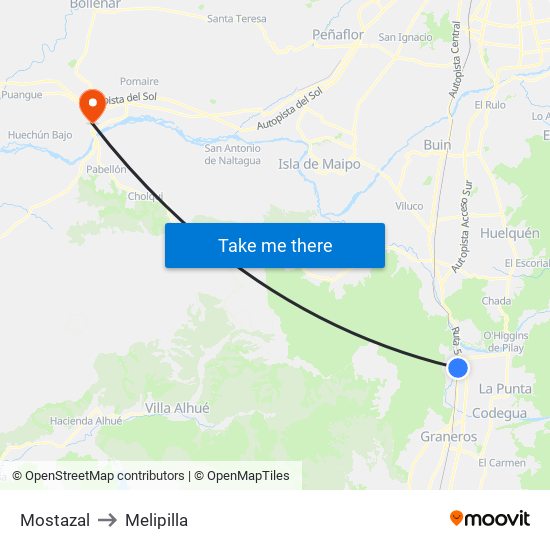 Mostazal to Melipilla map