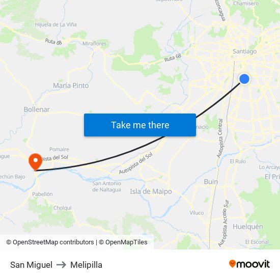 San Miguel to Melipilla map