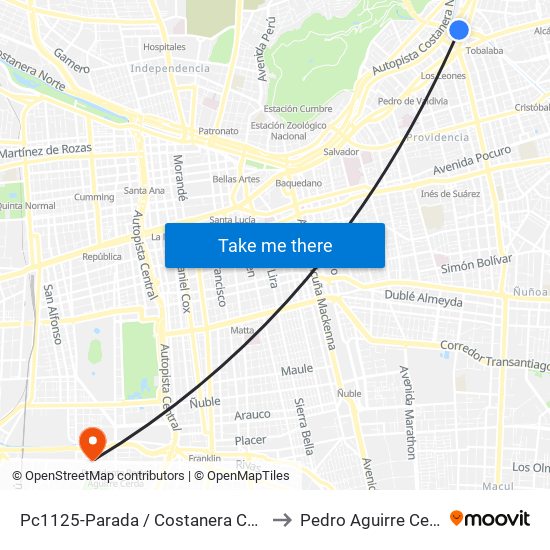 Pc1125-Parada / Costanera Center to Pedro Aguirre Cerda map