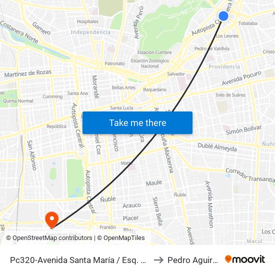 Pc320-Avenida Santa María / Esq. Puente Los Leones to Pedro Aguirre Cerda map
