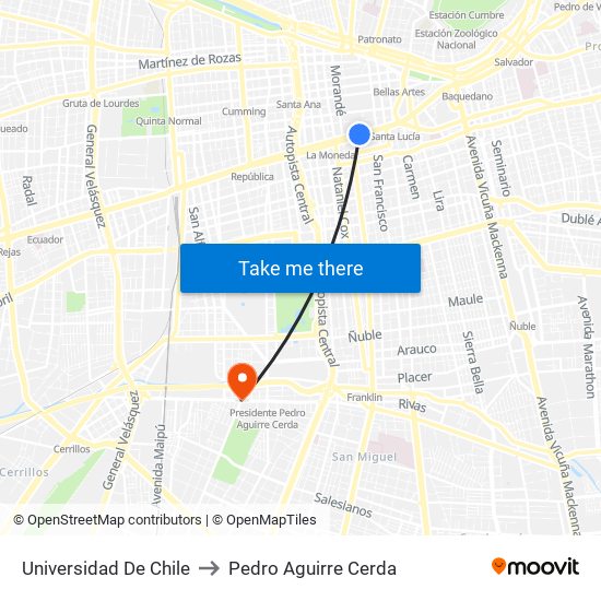 Universidad De Chile to Pedro Aguirre Cerda map