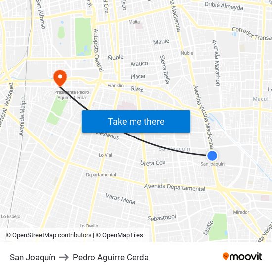 San Joaquín to Pedro Aguirre Cerda map