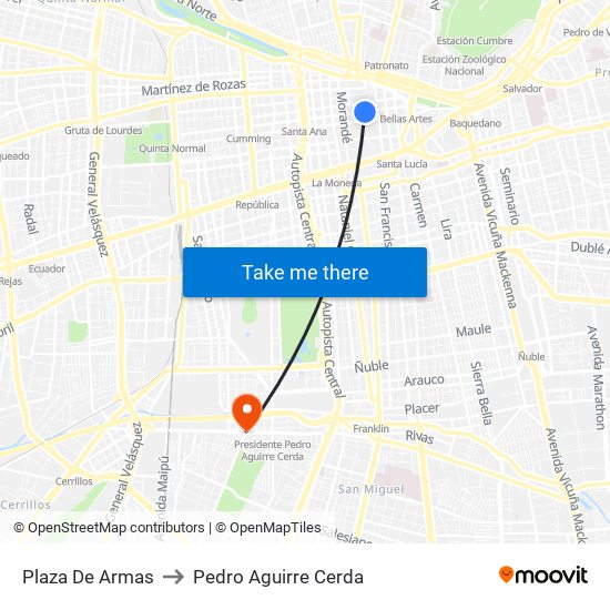 Plaza De Armas to Pedro Aguirre Cerda map
