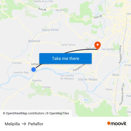 Melipilla to Peñaflor map