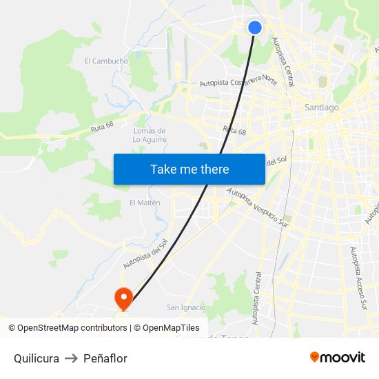 Quilicura to Peñaflor map