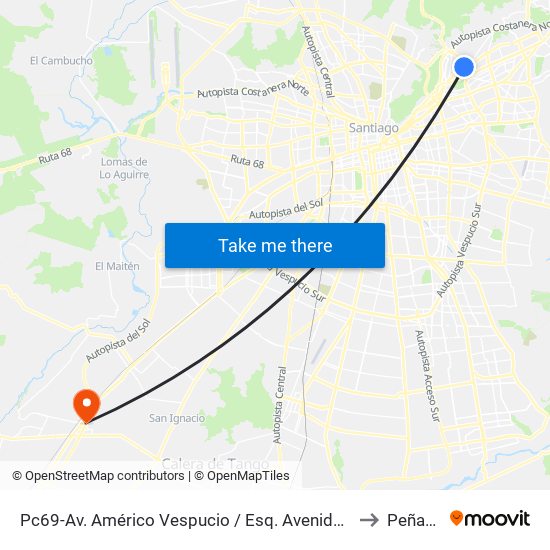 Pc69-Av. Américo Vespucio / Esq. Avenida Vitacura to Peñaflor map