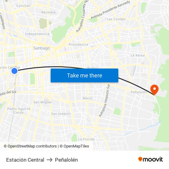 Estación Central to Peñalolén map