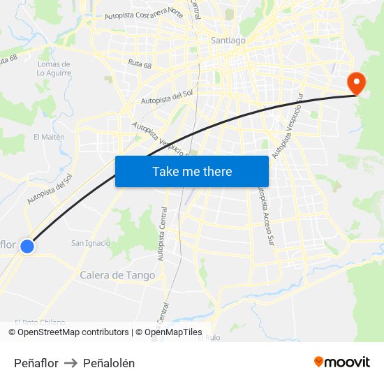 Peñaflor to Peñalolén map