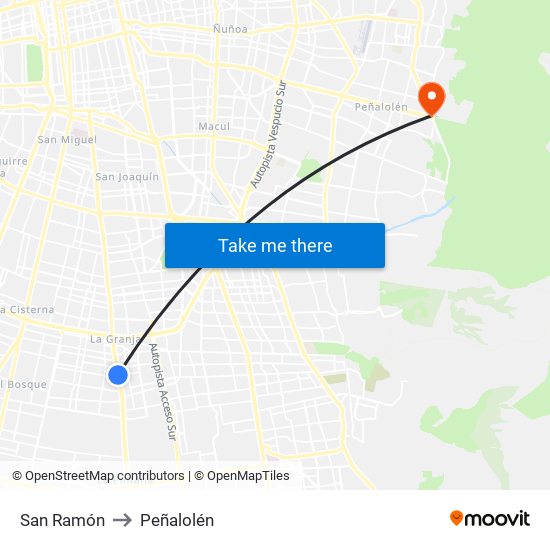 San Ramón to Peñalolén map