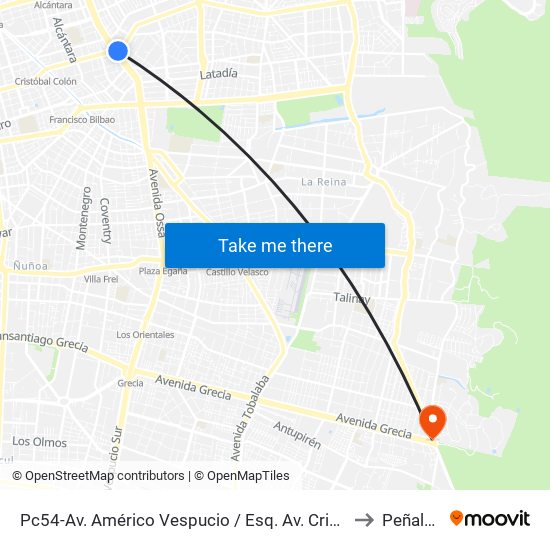 Pc54-Av. Américo Vespucio / Esq. Av. Cristóbal Colón to Peñalolén map