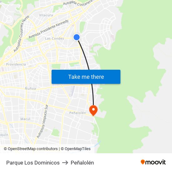 Parque Los Dominicos to Peñalolén map