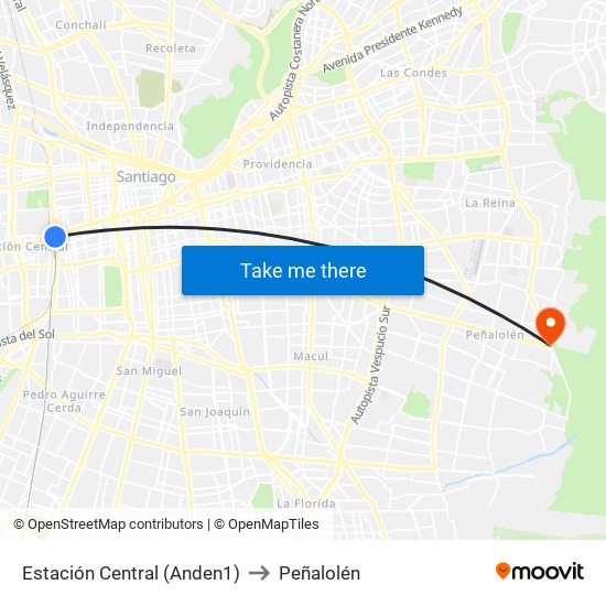 Estación Central (Anden1) to Peñalolén map