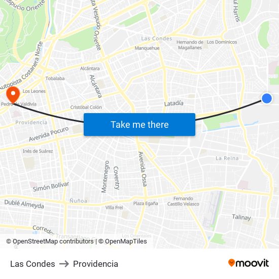 Las Condes to Providencia map