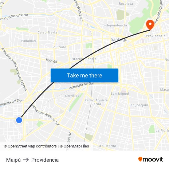 Maipú to Providencia map